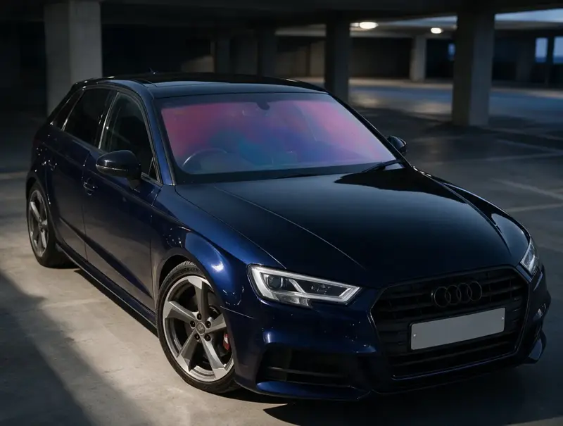 Navy Audi A3 with a chameleon windscreen, parked in a car park
